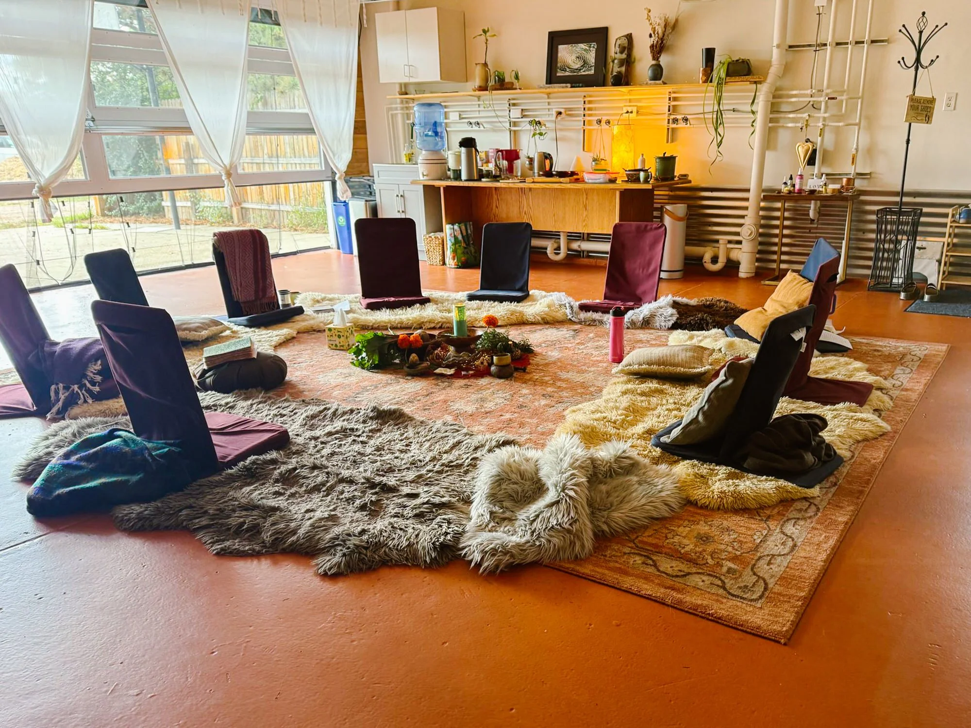 A cozy, cluttered indoor space with a large area rug on the floor, surrounded by chairs with blankets and cushions. The background features a kitchen area with a countertop, various appliances, and decorative plants, with large windows letting in natural light.