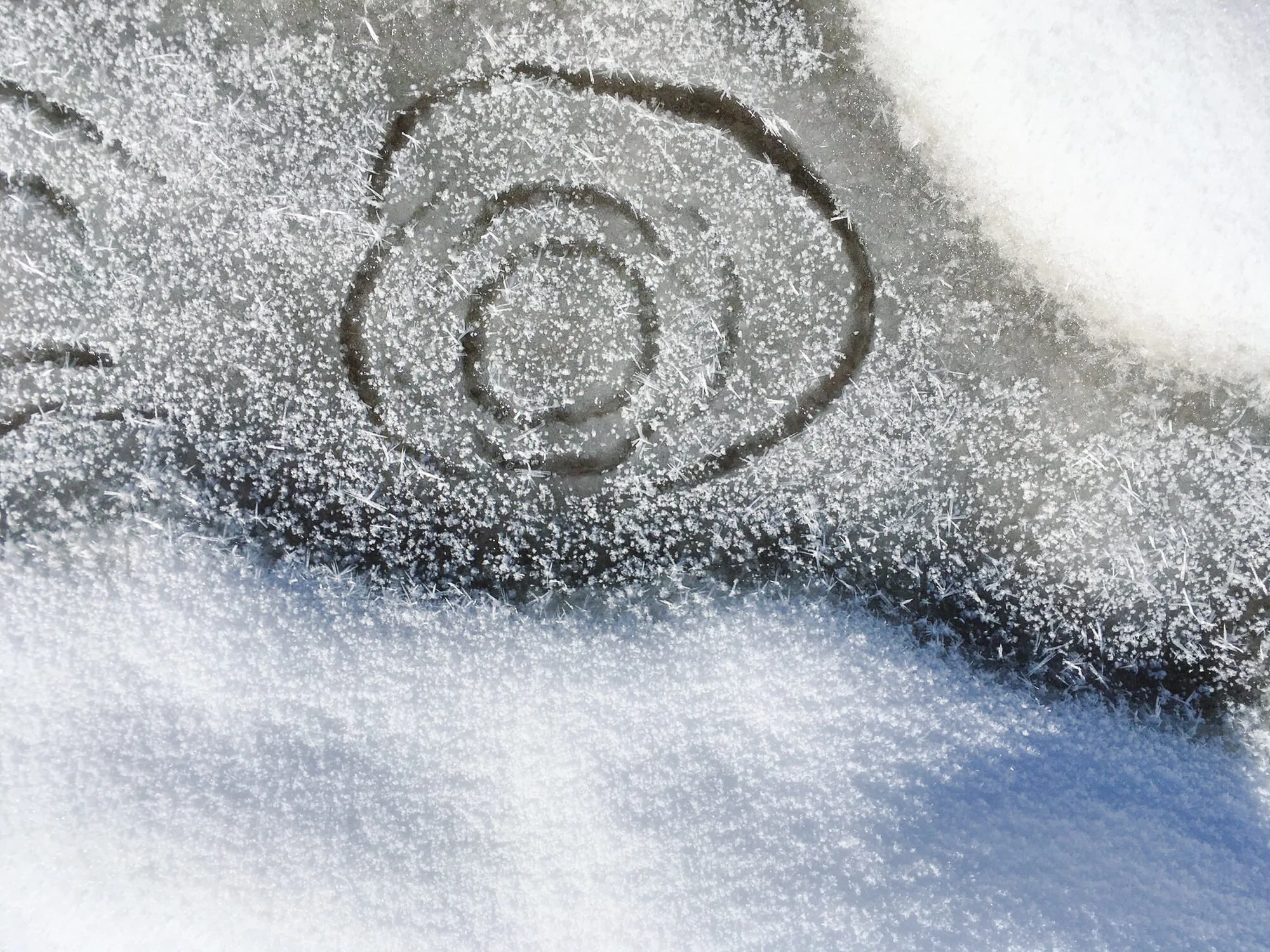 Close-up of snow-covered surface with faint circular markings and spiky ice formations.