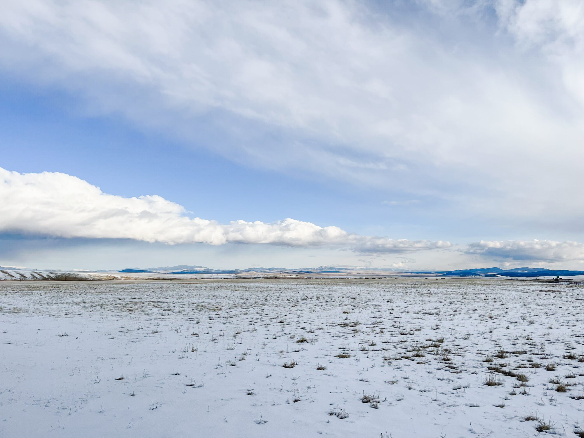 Snow-covered field with sparse grass, distant mountains, and a cloudy sky.