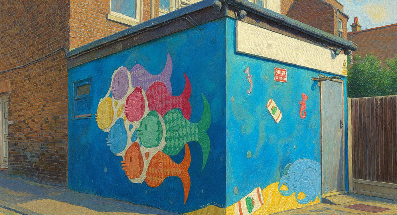 Painting of a colorful mural on the Thanet Cars office, painted by Jordan T Gray, showing various fish on a bright blue wall, with a sea theme, next to a brick building and a wooden fence.
