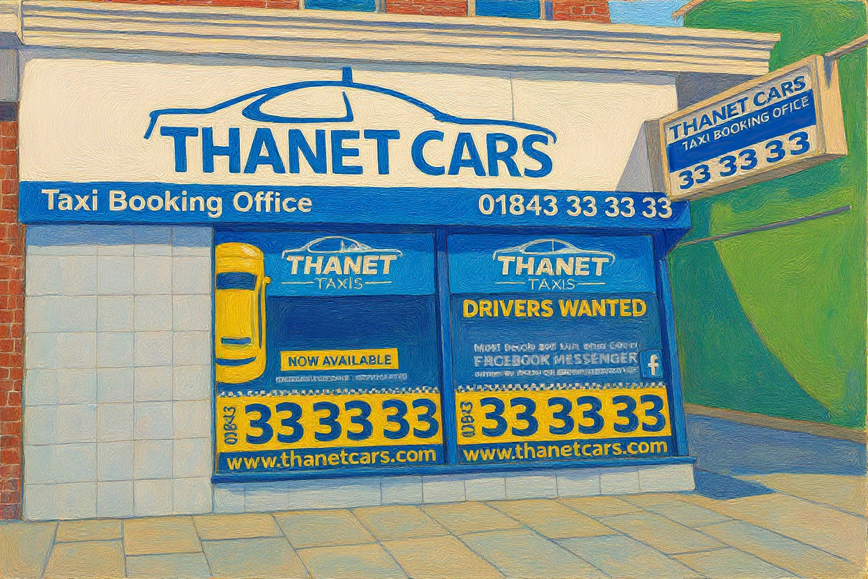 Painting of Thanet Cars office storefront with signs displaying the business name 'Thanet Cars,' contact number 01843 33 33 33. The storefront features a blue and yellow color scheme with a car graphic and website www.thanetcars.com.