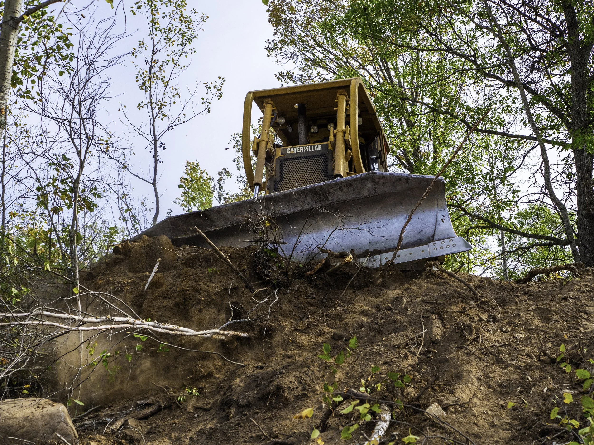 A yellow Caterpillar bulldozer working on a dirt hill surrounded by trees.