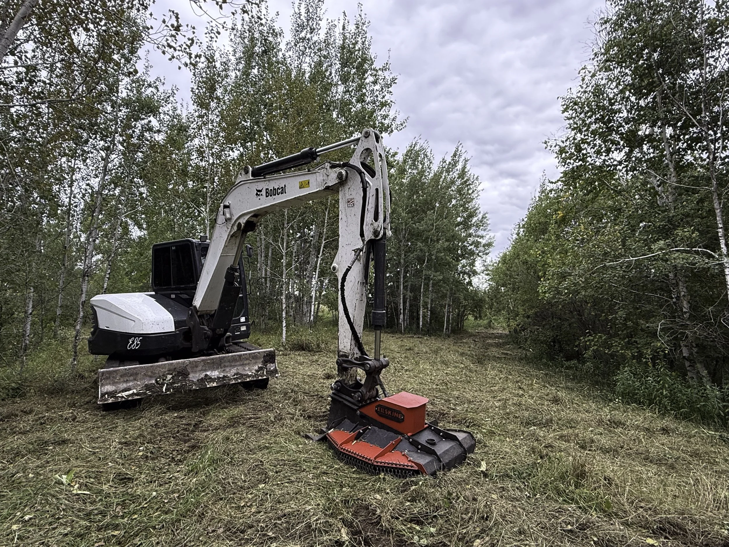 A small bobcat excavator with a cutting attachment, parked in a cleared forest area with trees and cloudy sky in the background.