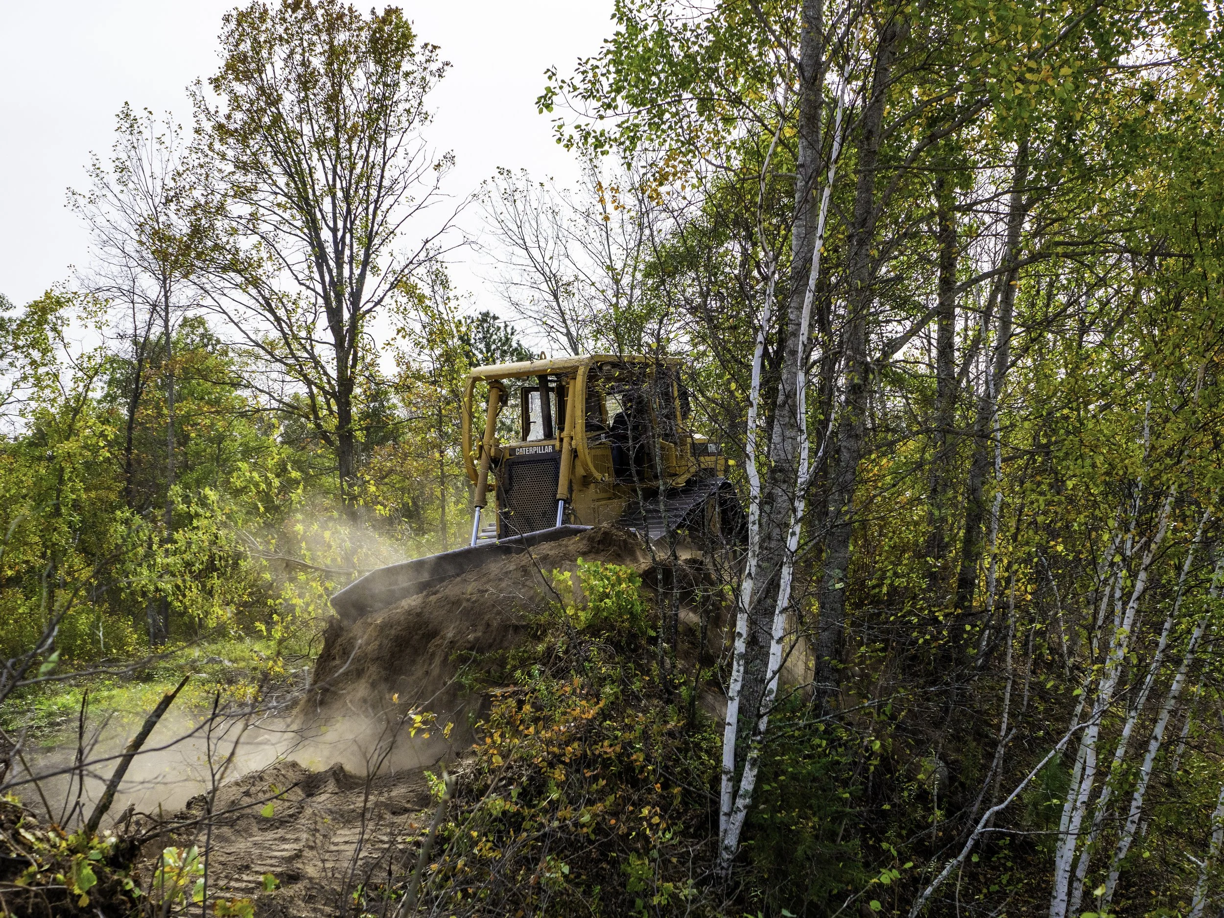 A yellow Caterpillar bulldozer clearing trees and dirt in a forested area with fall foliage