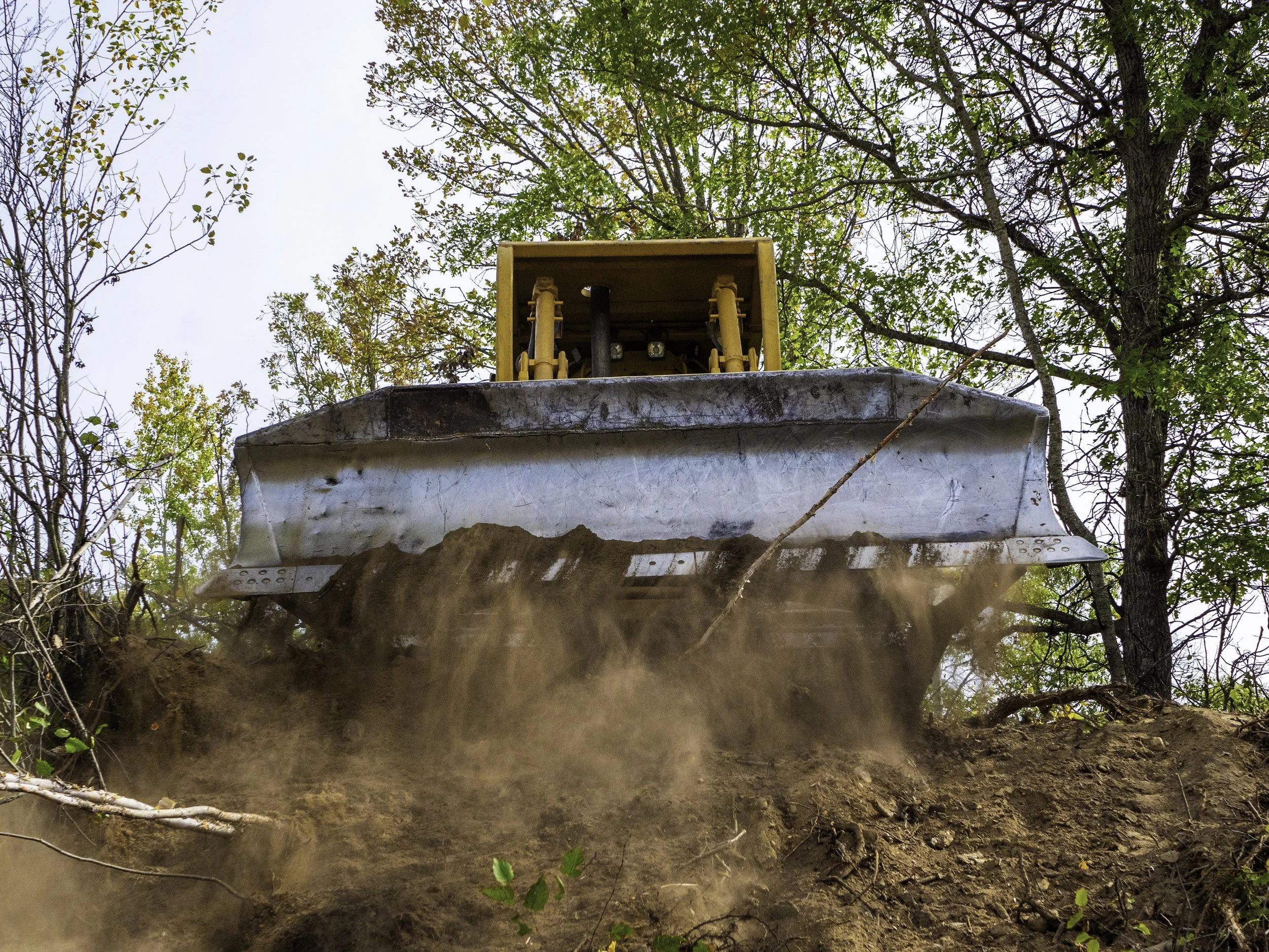 A bulldozer moving dirt on a construction site surrounded by trees