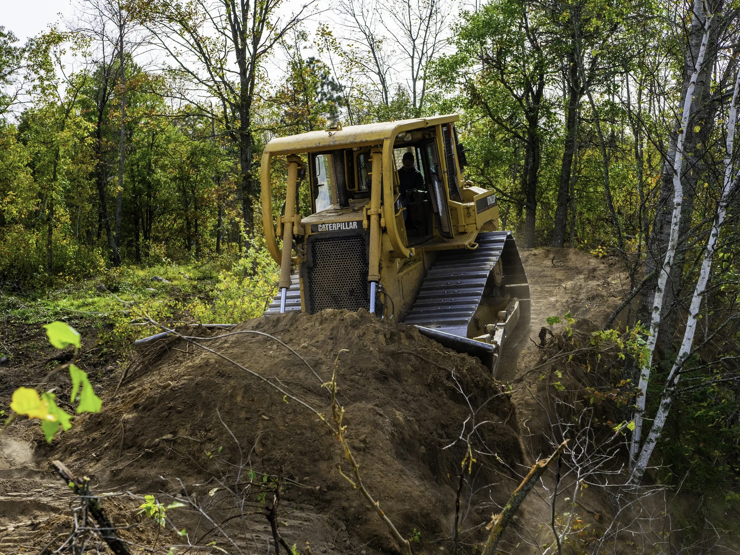 A yellow Caterpillar bulldozer clearing dirt in a forested area with trees and foliage in the background.
