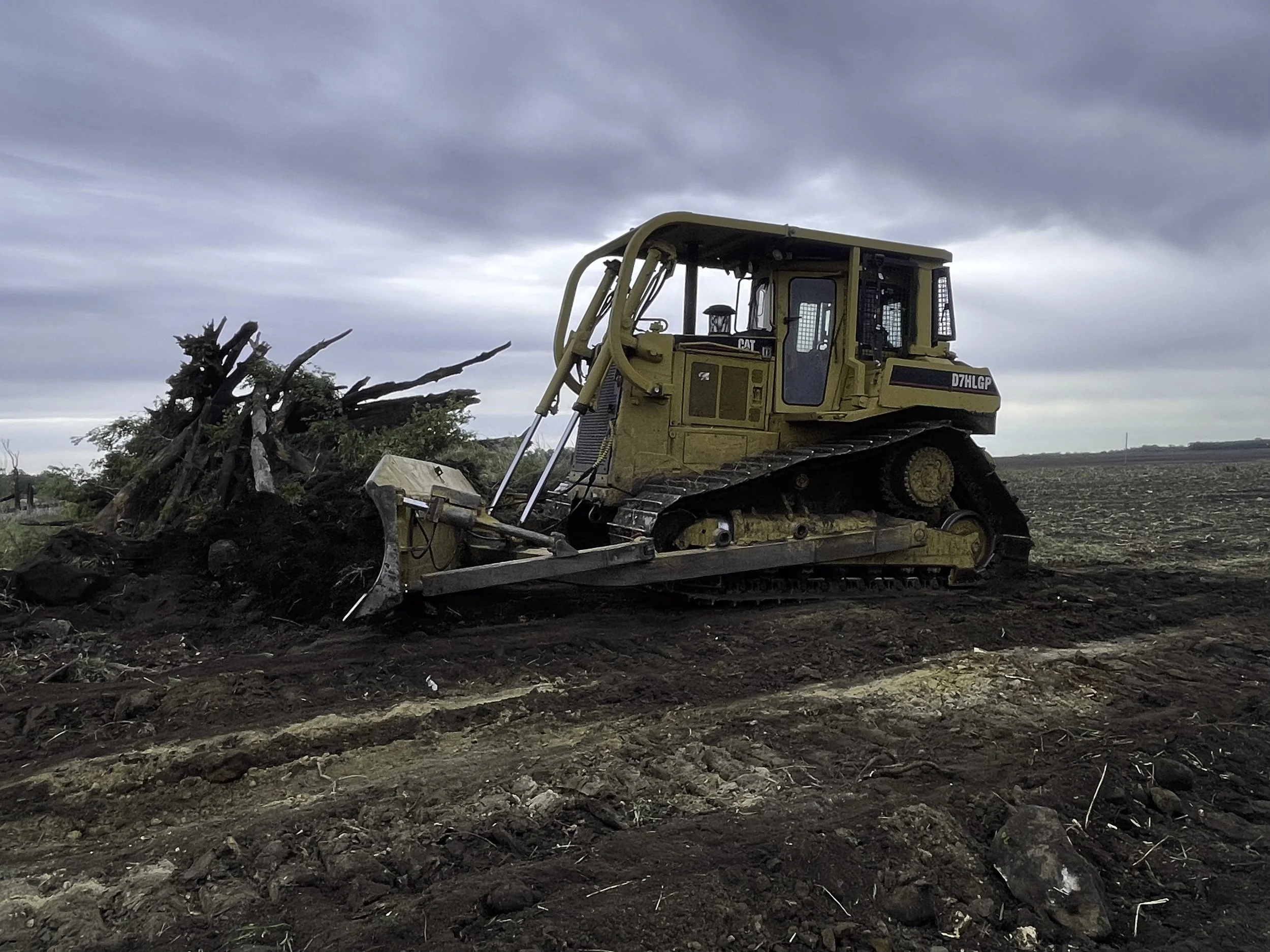 A bulldozer moving soil and uprooted tree branches in an open field under a cloudy sky.