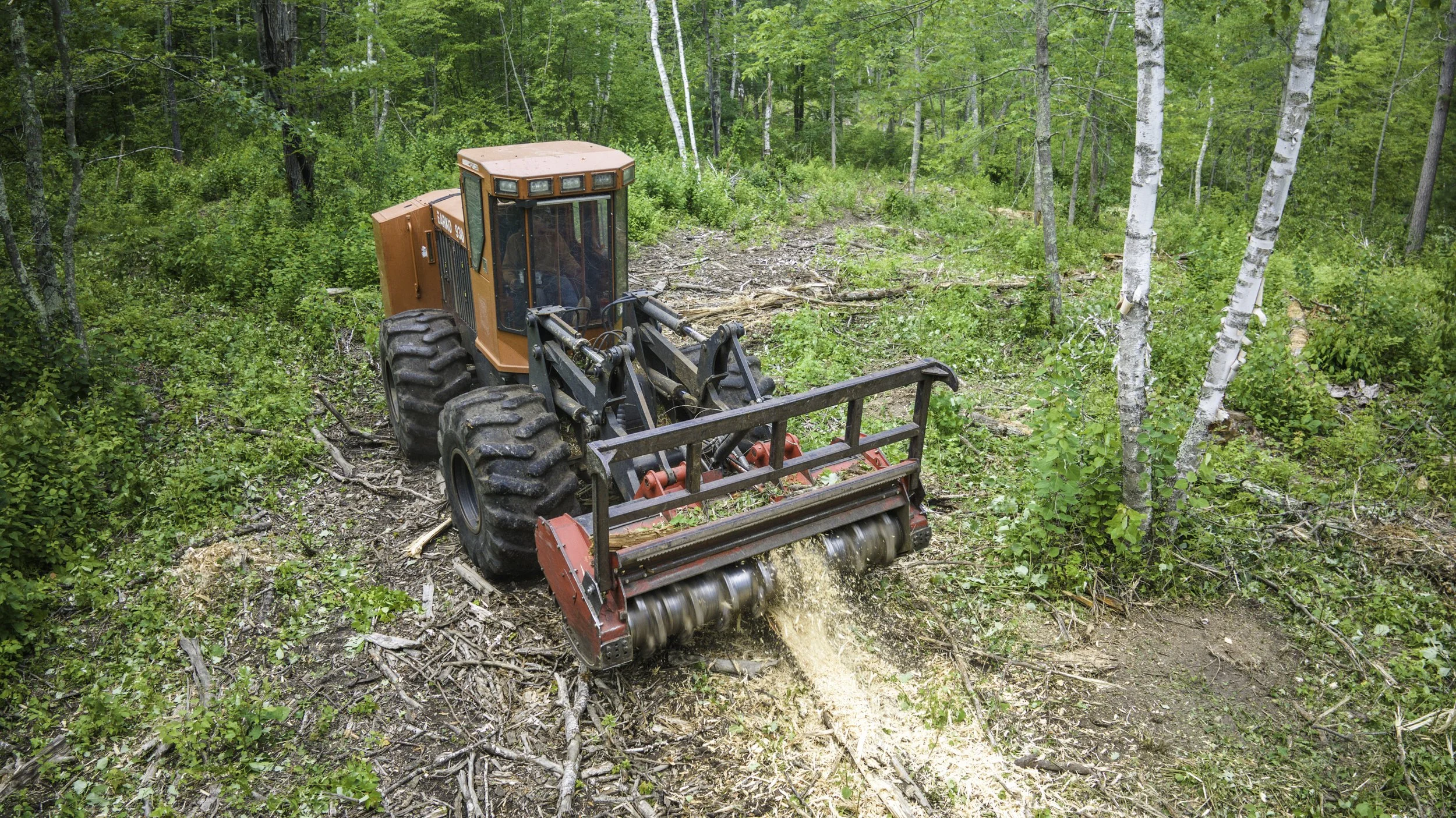 A forestry machine with large tires and a roller blade attachment clearing a forested area with green trees and shrubs.