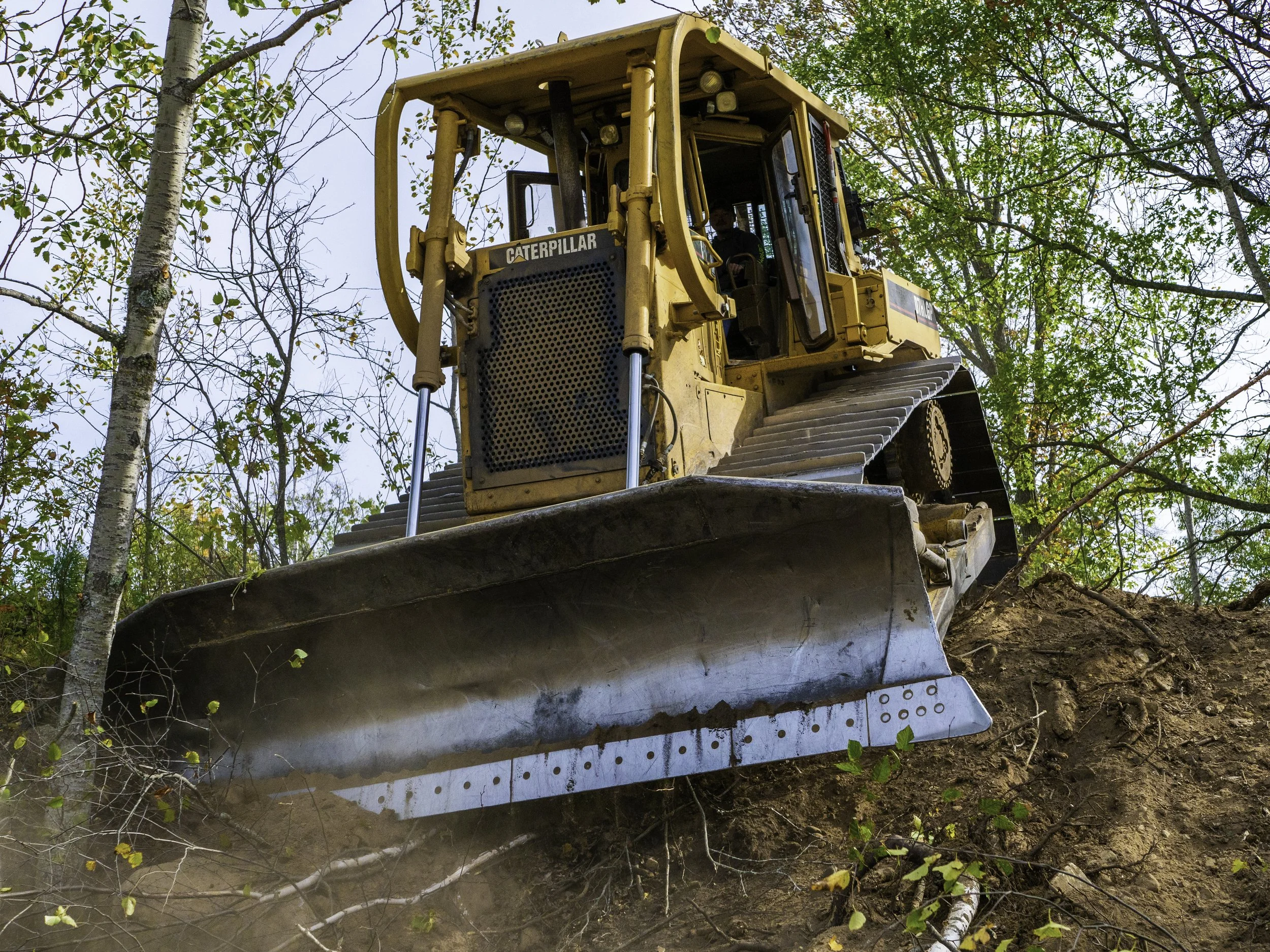 A yellow Caterpillar bulldozer pushing dirt and small plants on a hillside, surrounded by trees with green leaves.