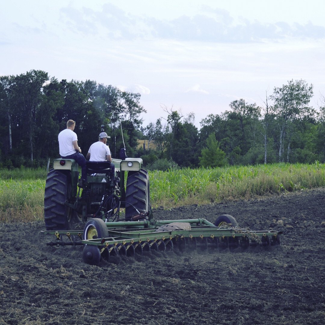 Two men are sitting on a tractor in a field, with one driving and the other observing. The tractor is tilling the soil, and there are rows of crops visible in the background with trees and a cloudy sky overhead.