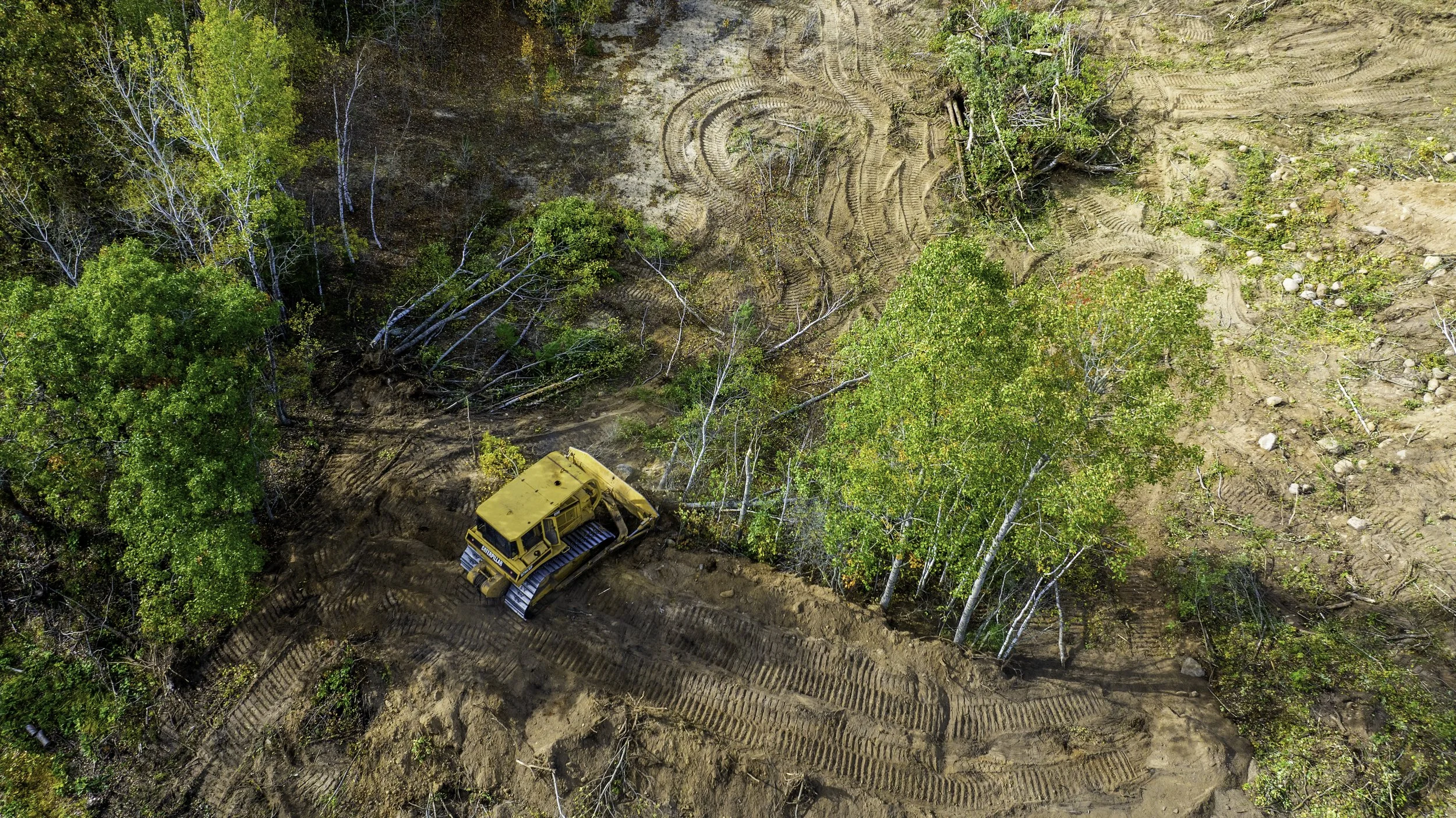 An aerial view of a bulldozer clearing trees in a forest, with freshly disturbed soil and tractor tire tracks visible.