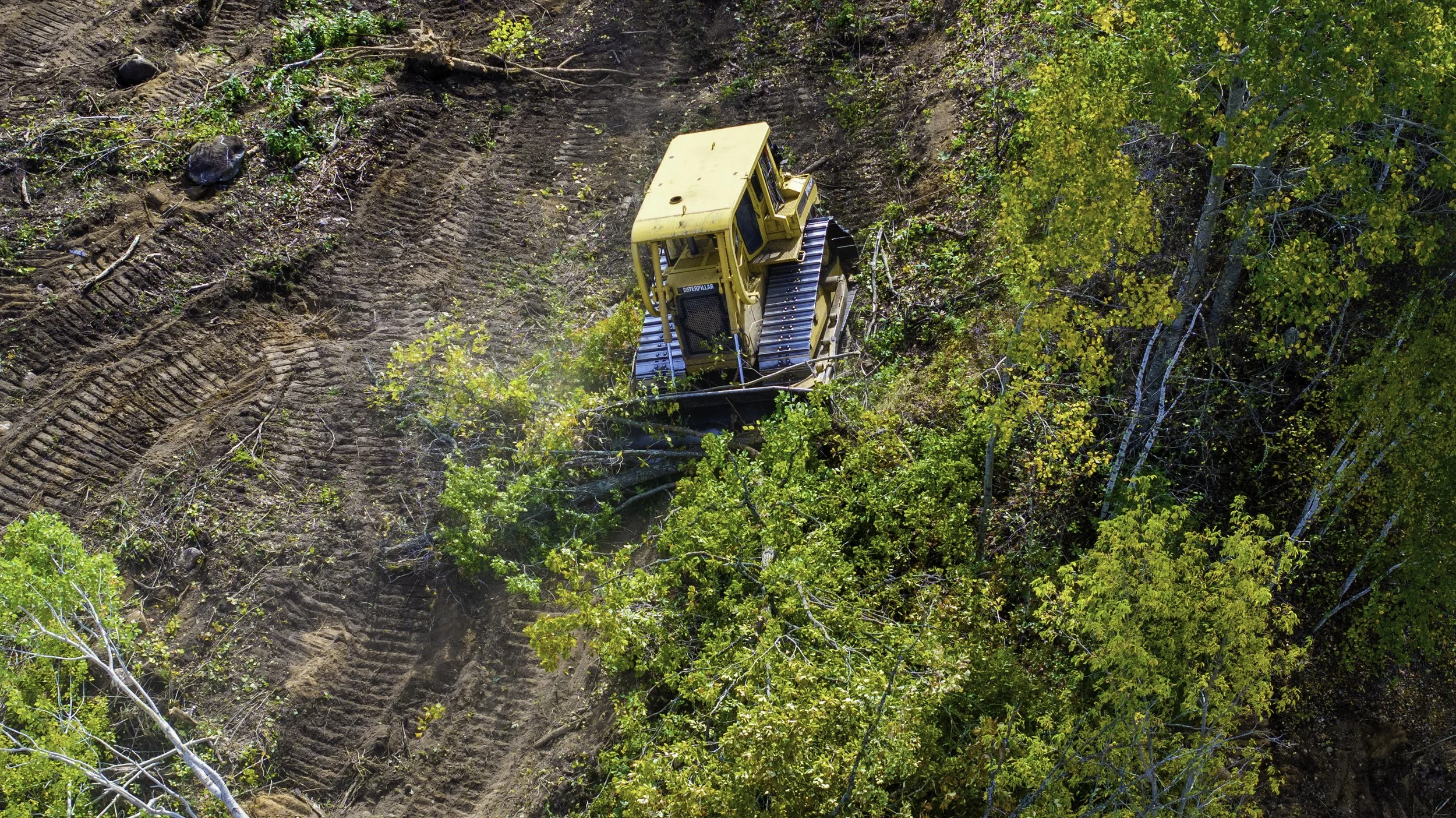 A yellow bulldozer working on a hillside, clearing trees and dirt, with tire tracks visible on the ground.