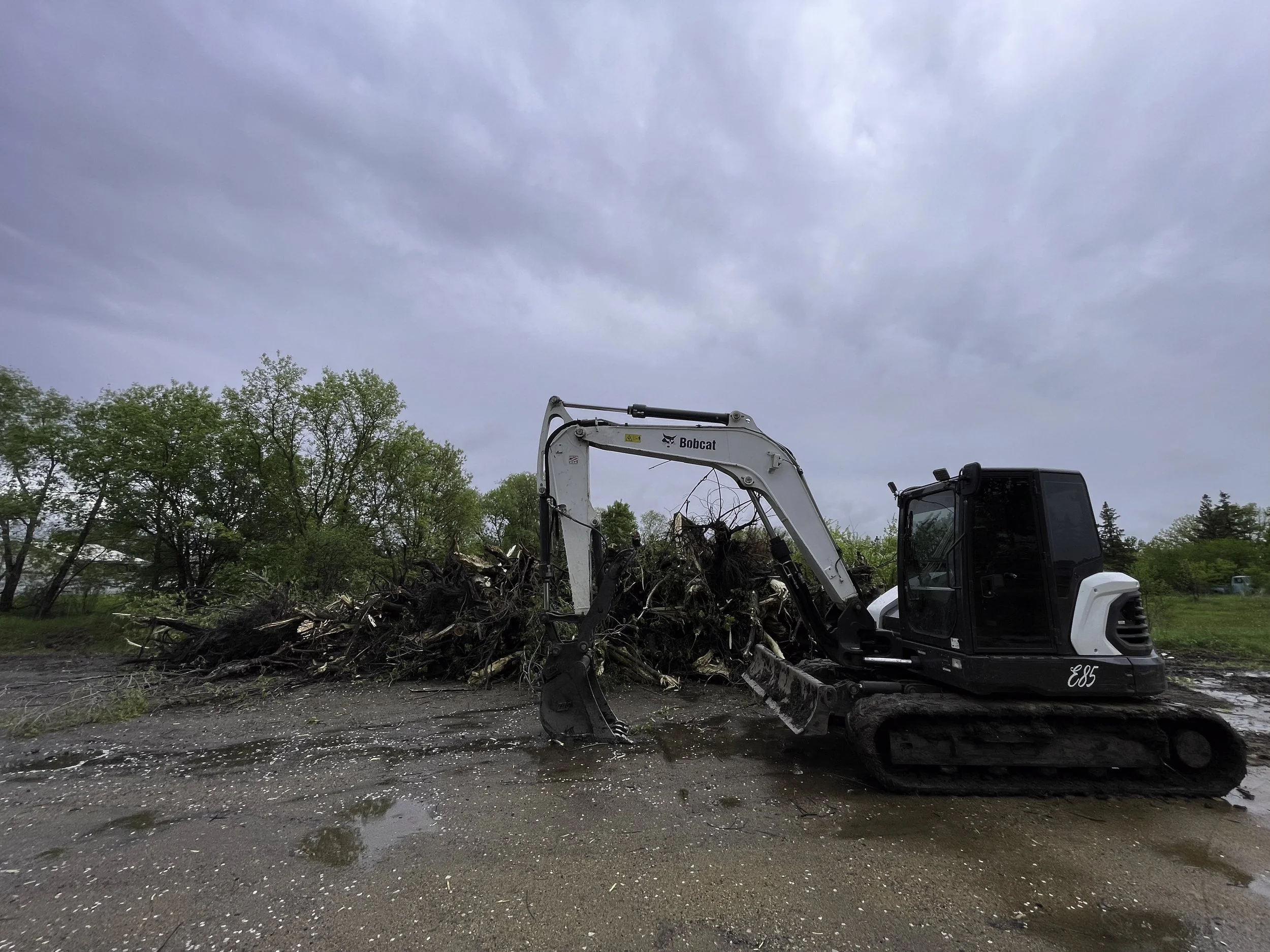 A small Bobcat excavator removing debris and fallen branches from a flooded outdoor area, with trees and overcast sky in the background.