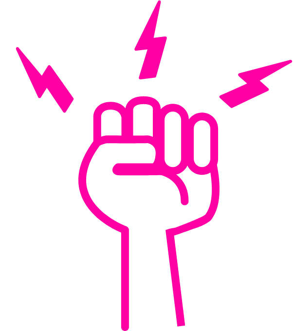 A pink line drawing of a clenched fist with three lightning bolt symbols above it on a black background.