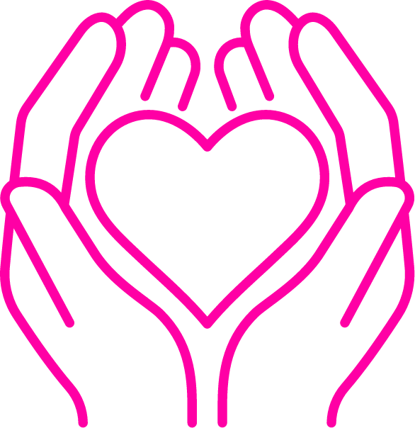 Pink neon outline of two hands surrounding a heart against a black background.