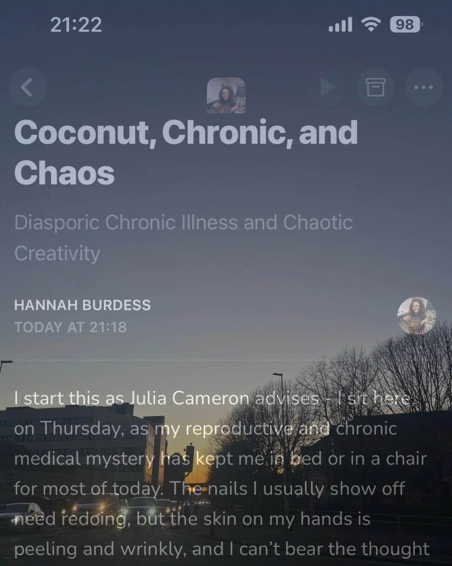 A Substack post about the development of a chronic illness whilst &lsquo;life just begins&rsquo; - link in bio / linktree ❤️