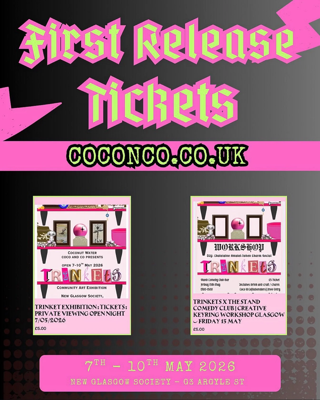 Tickets for open night / private view and the closing trinket party are available now on coconco.co.uk - first release has limited numbers and securing and supporting early is always rewarded 🌺 second round will launch with Taurus season and I just 