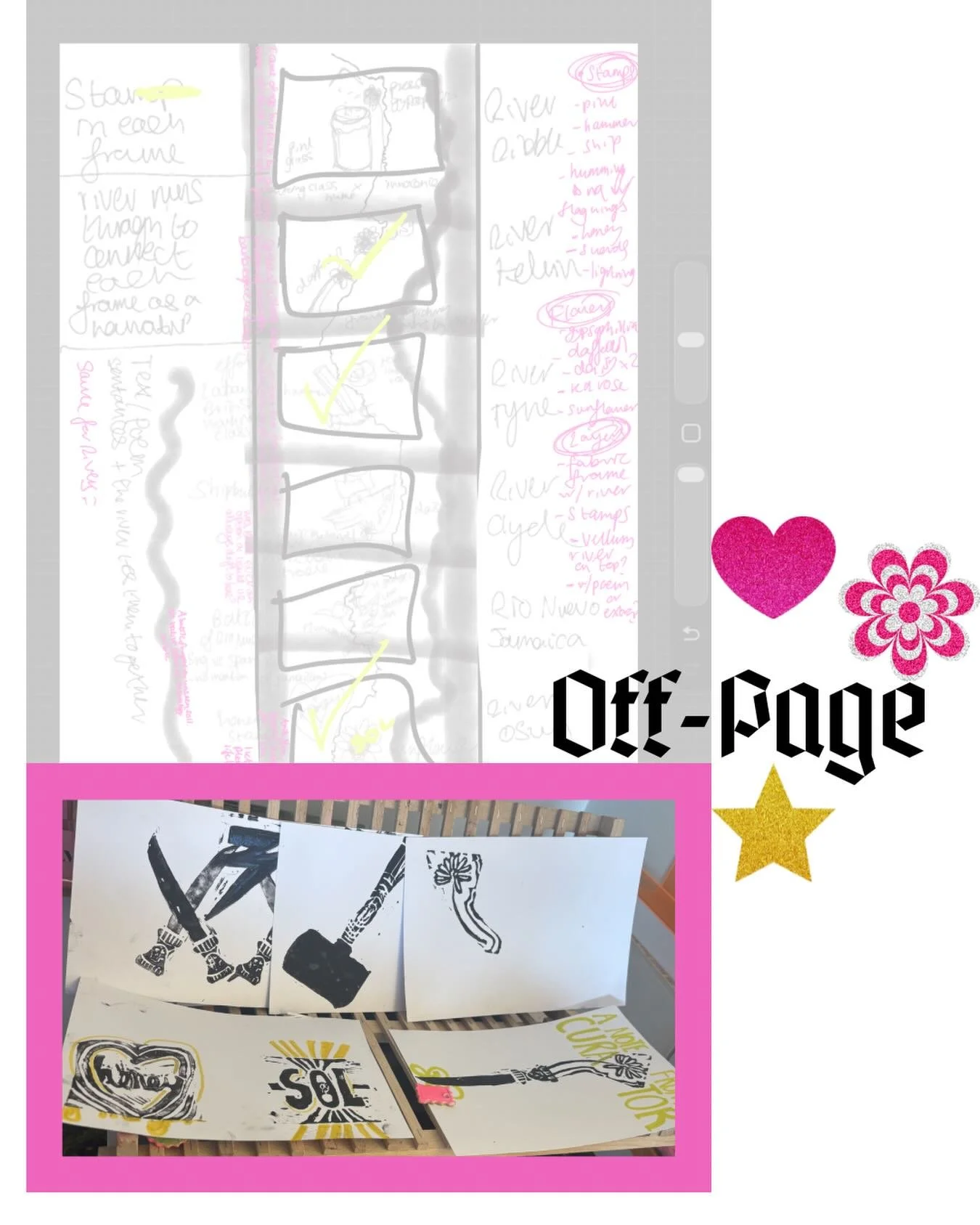 The sketch, brain, and print stages of a project I&rsquo;ve been working on with and for the lovely @offpagevispo ❤️🪷 #linoprint #visualart