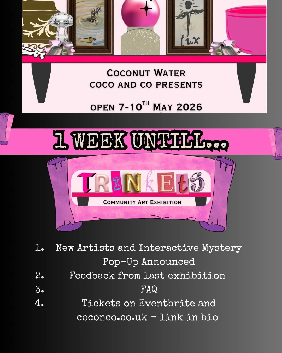 Just over a week to go! Here&rsquo;s a mini carol with some information before the season really kick in! 

1. New Artists and Interactive Mystery Pop-Up Announced
2. Feedback from last exhibition
3. FAQ
4. Tickets on Eventbrite and coconco.co.uk - l