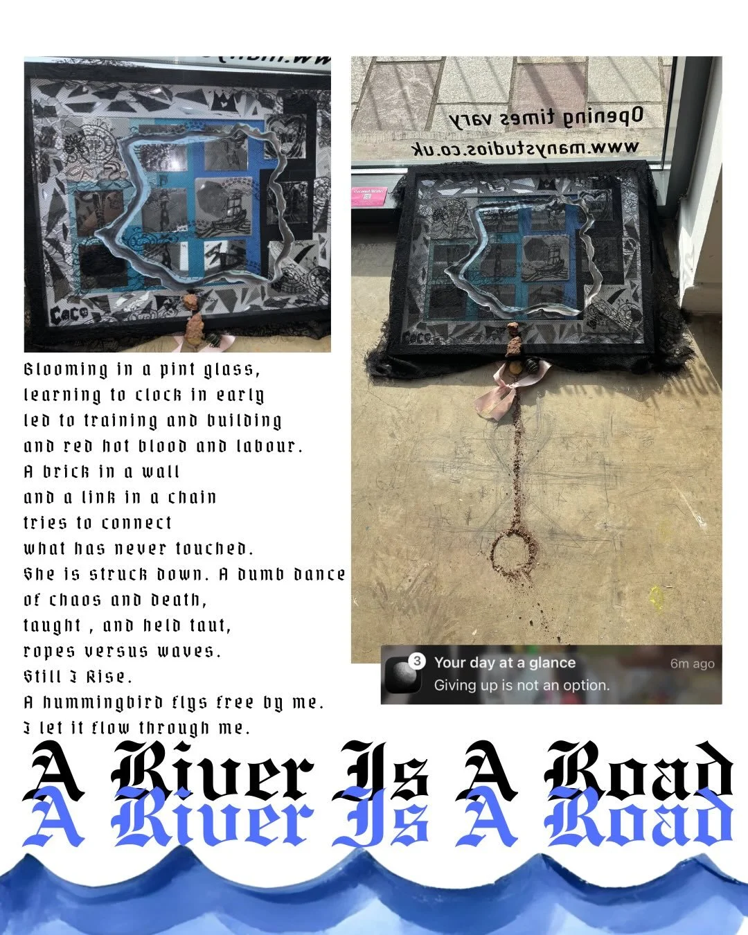 @offpagevispo 2026 is now open featuring my piece, &lsquo;A River Is A Road&rsquo;. 

A river does not choose its course &mdash; it carries everything that has crossed it.
A River Is A Road is a mixed media tile work in which each panel holds a frame