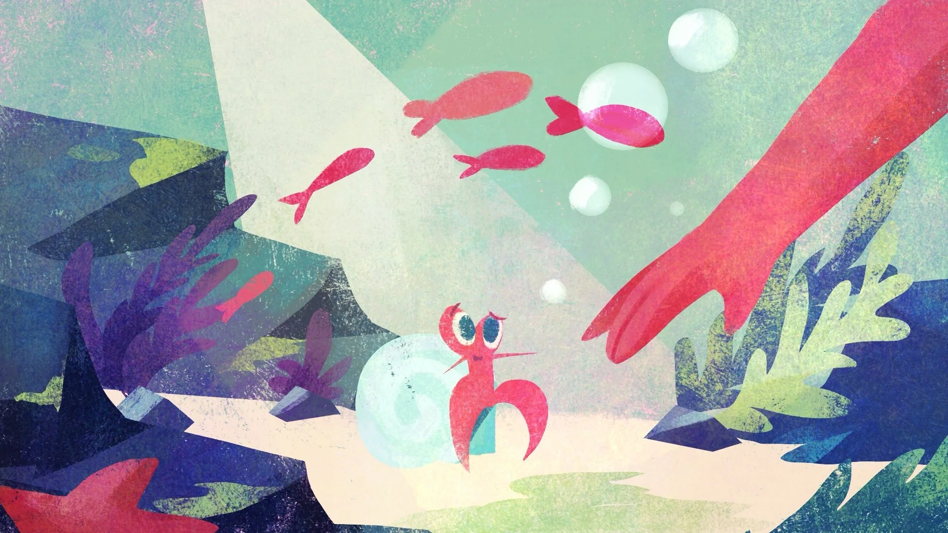 Digital illustration of Marina returning Hermit to his tide pool.