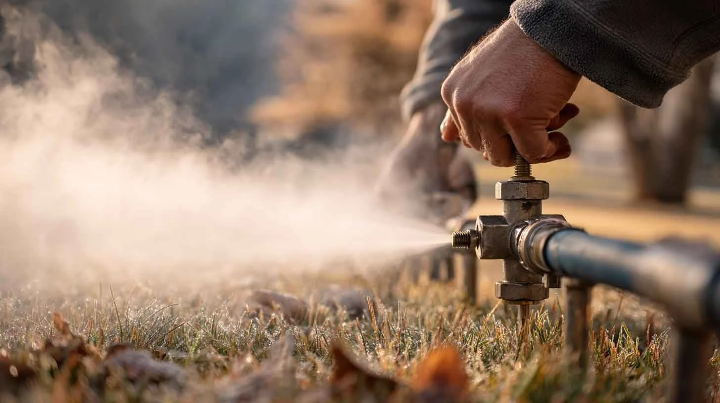 a man emptying the pipes for winterization for a sprinkler blowout service in durango colorado and bayfield