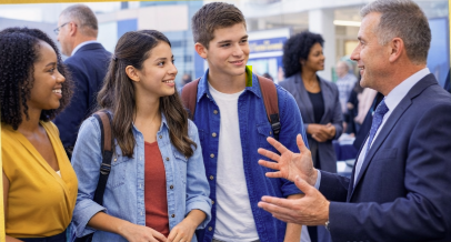 A man in a suit talking to a group of young people outdoors.
