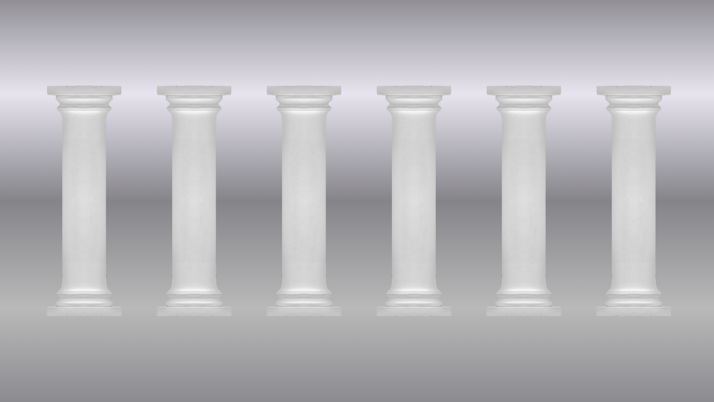 Six white classical pillars in a row against a gradient background.