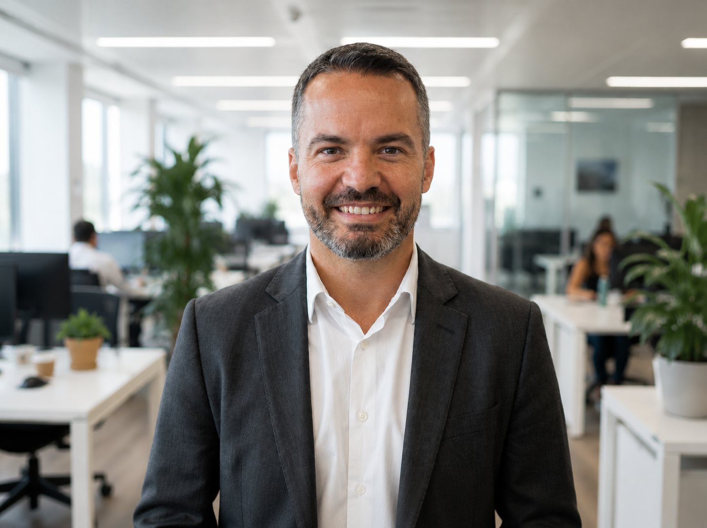 A smiling man in a suit standing in a modern, bright office space with large windows, plants, and colleagues working in the background.