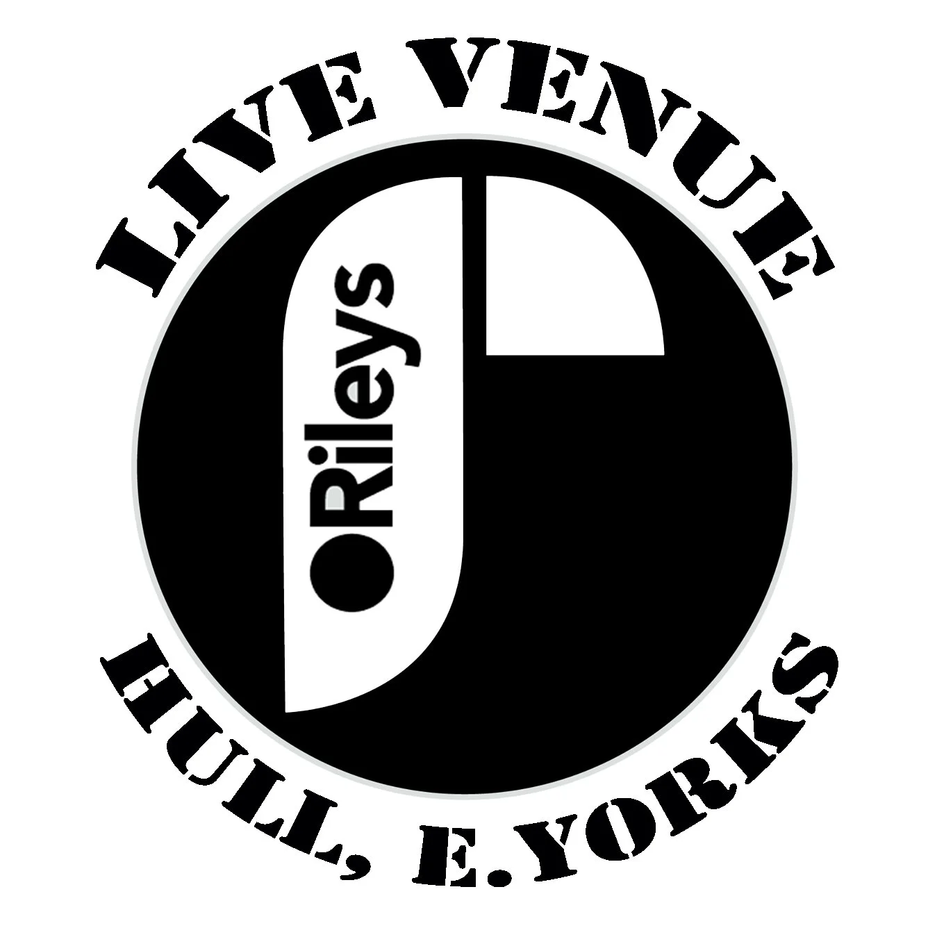 Black and white circular graphic with the words "Live Venue" at the top and "Huull, E. Yorks" at the bottom. In the center, large bold text reads "O'Rileys" vertically. This is the logo for Hull Music Venue O'Rileys