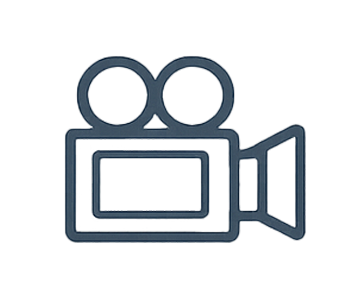 Drawing of a film camera with two circular reels on top, a rectangular body, and a side view of the lens on the right.