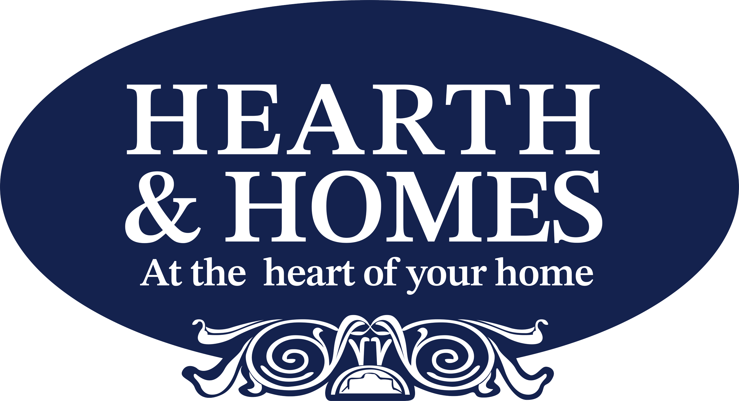 Hearth & Homes logo on a dark blue oval background with white text and decorative element at the bottom.