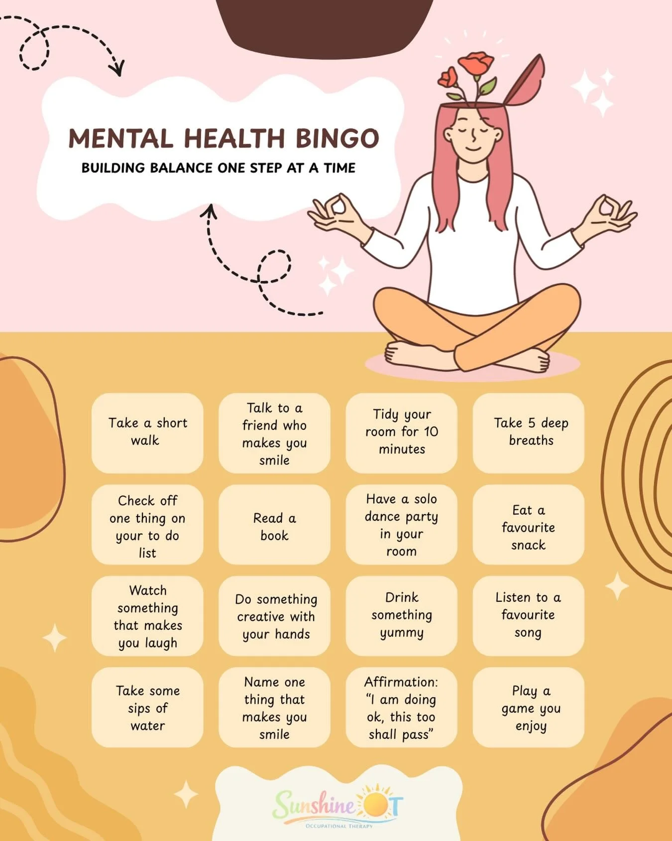 Caring for your mental health often looks like scheduling balance in your day ✨🌻 gamifying your day, trying to make your activities and organization of your day fun may be helpful to get things done for you! Can you check off a line of these in a da