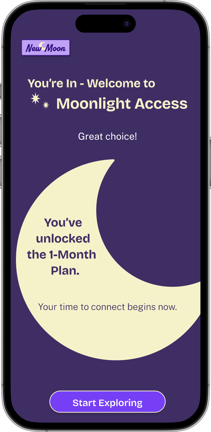 Confirmation screen with a moon icon confirming a dating app subscription