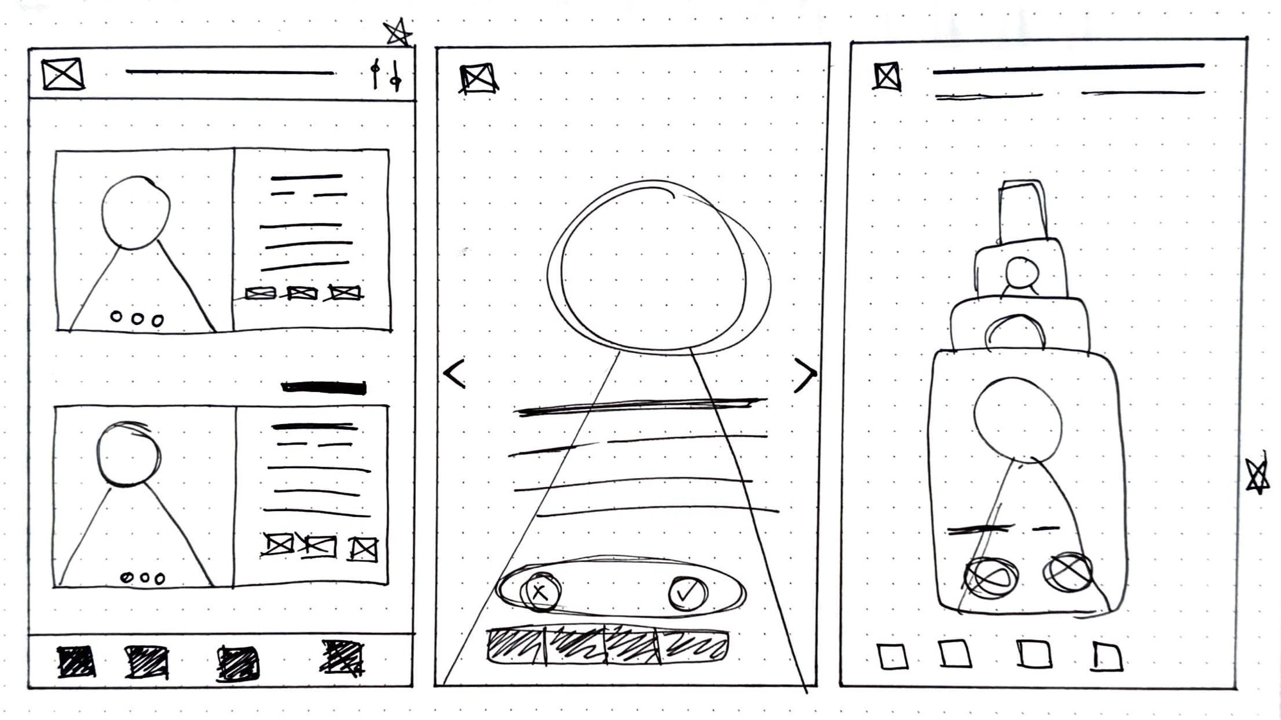 Sketches of a dating app layout depicting potential matches