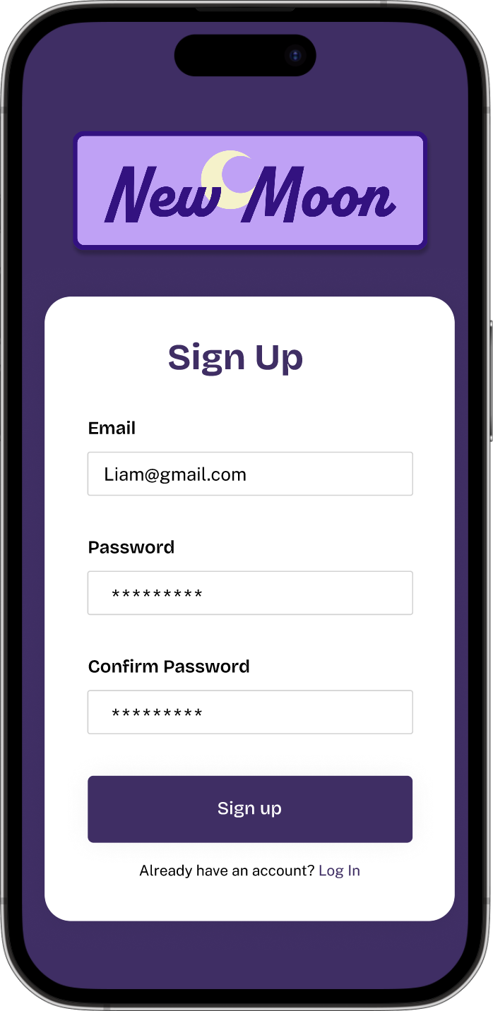 Sign Up screen for a dating app called New Moon