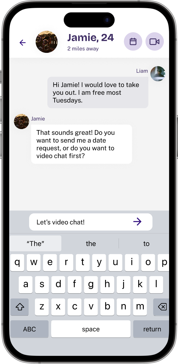 Iphone showing a screen from a dating app with two people chatting