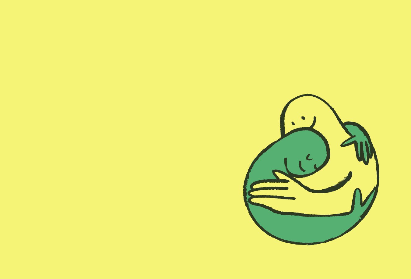 A simple illustration of two abstract human-like figures, one yellow and one green, hugging each other with smiles on their faces on a yellow background.
