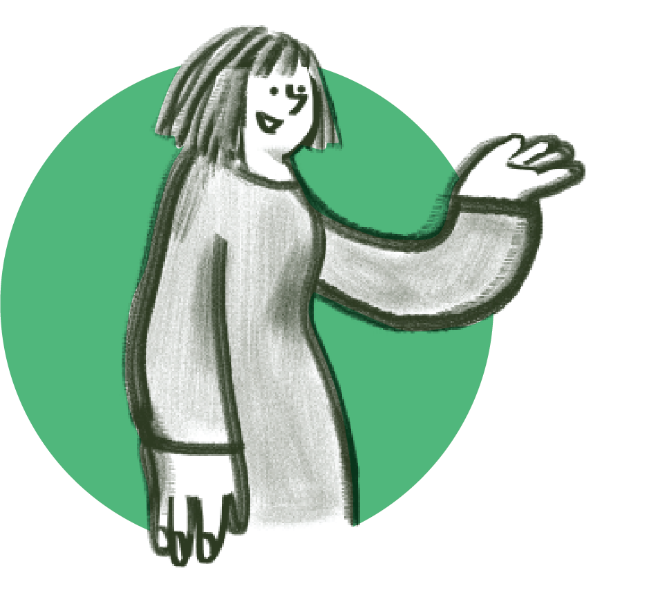 Illustration of a woman with short hair and a jacket, smiling and waving with her left hand, with a green circular background.