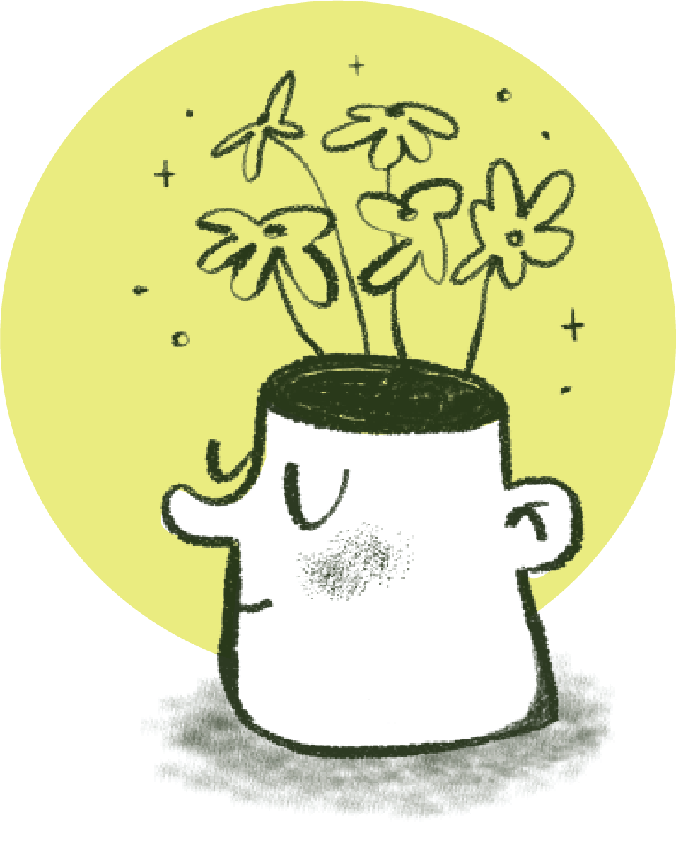 Simple black outline drawing of a person with an open head, with flowers and a dragonfly coming out of it, set against a yellow background.