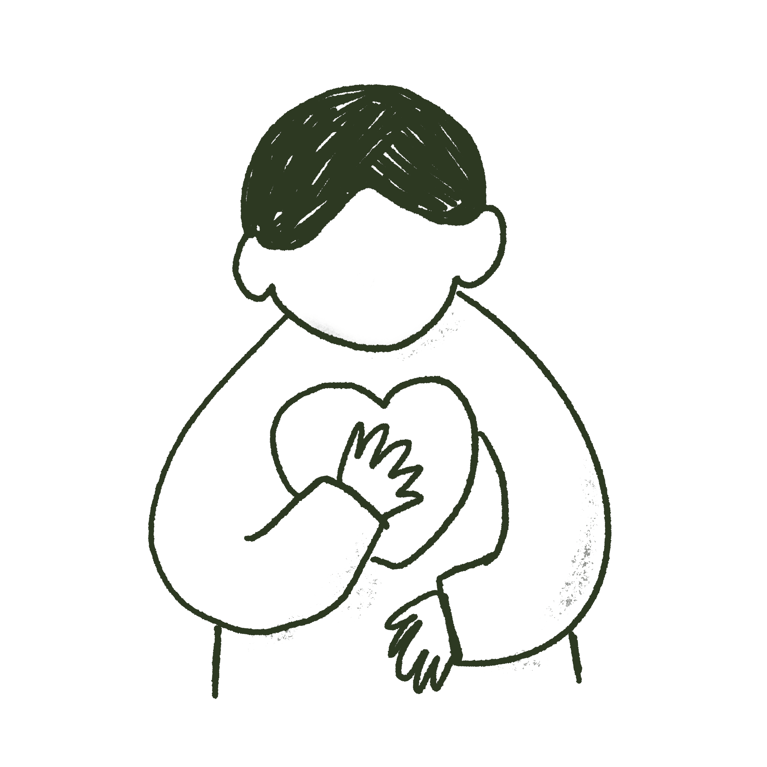 A simple black line drawing of a person with short hair, crossing their arms over their chest.