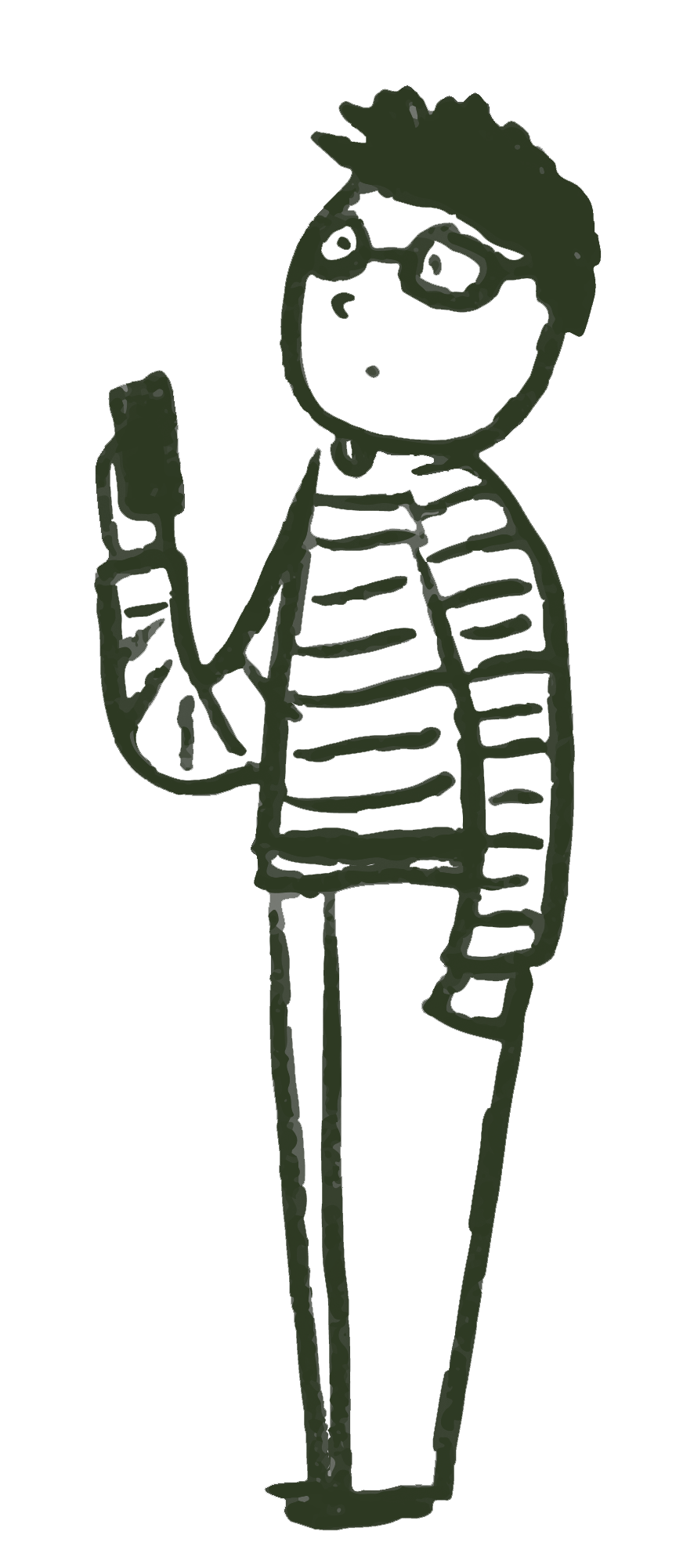 A simple line drawing of a person with spiky hair and glasses, wearing a striped shirt, holding a smartphone in their right hand, with their left arm bent at the elbow.