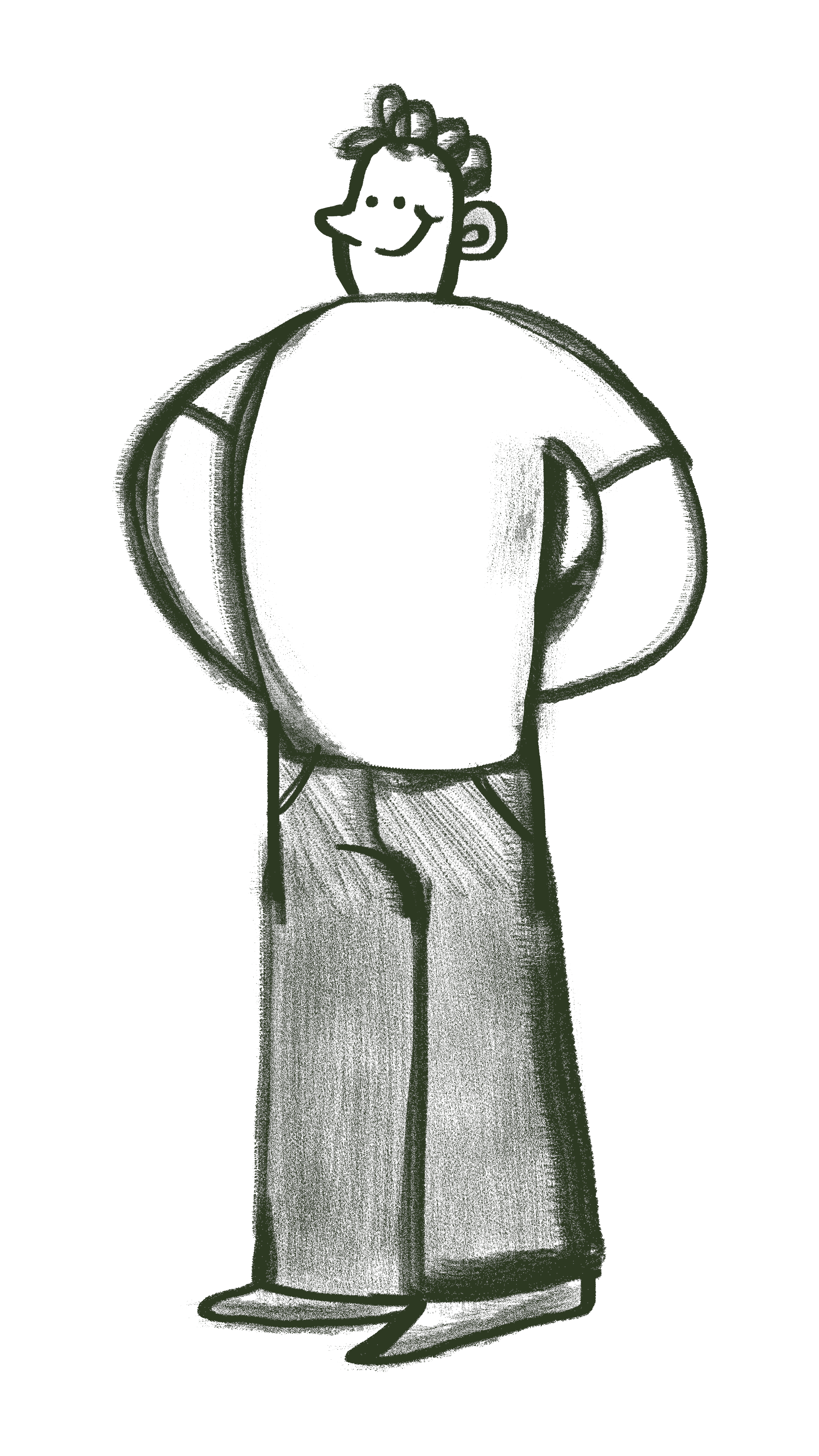 A cartoon drawing of a person with a bun hairstyle, smiling, wearing a loose shirt and wide pants, looking confident with hands on hips.