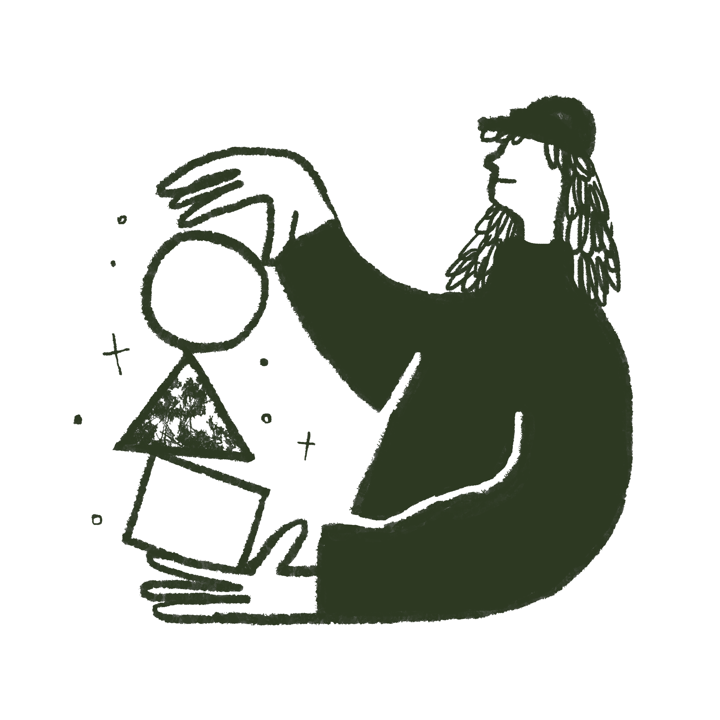 Drawing of a person with long hair and glasses holding a green cup, smiling and looking to the right.