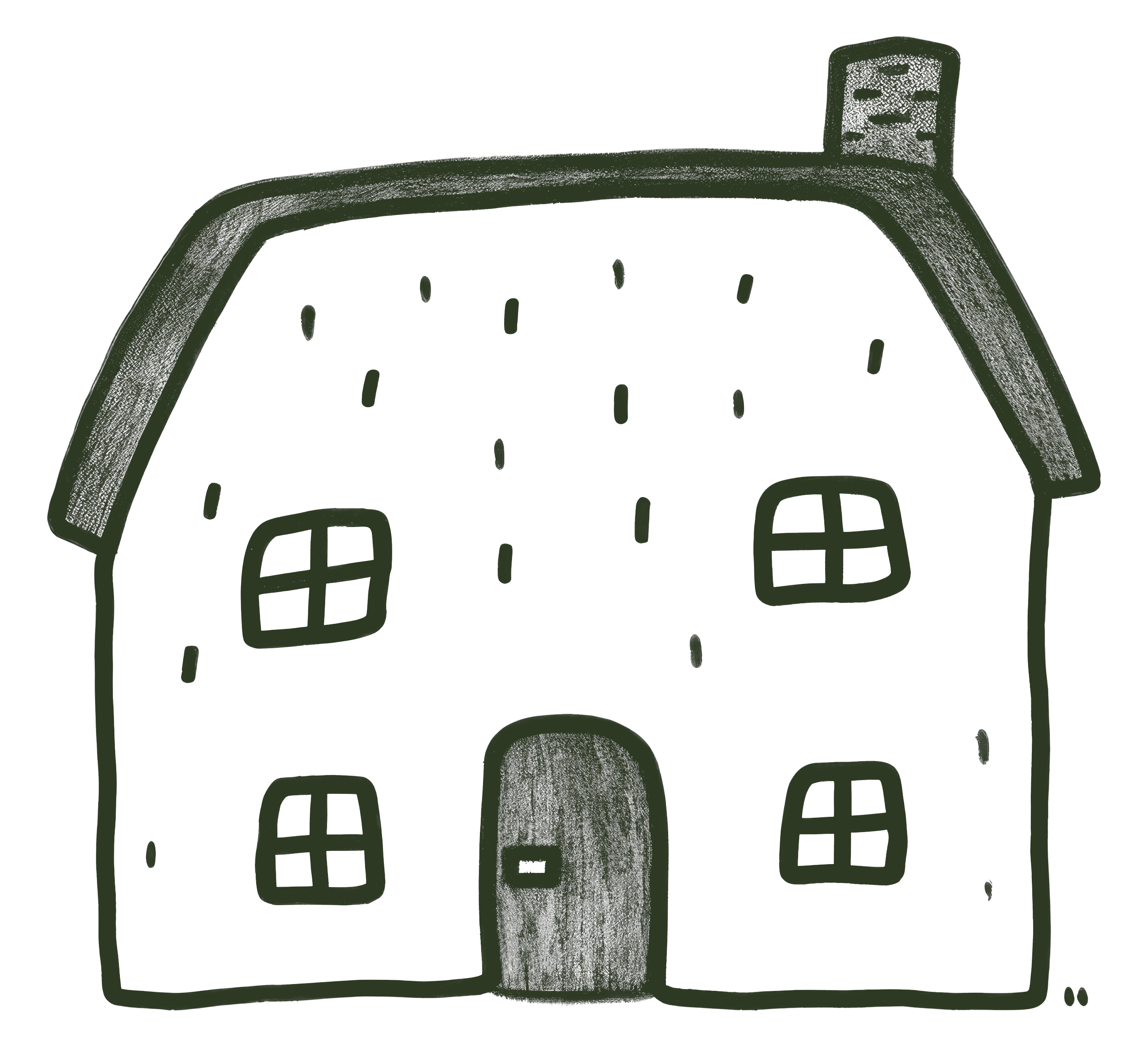 A simple black and white drawing of a house with five windows and a door, featuring a rounded roof and chimney on the top right.
