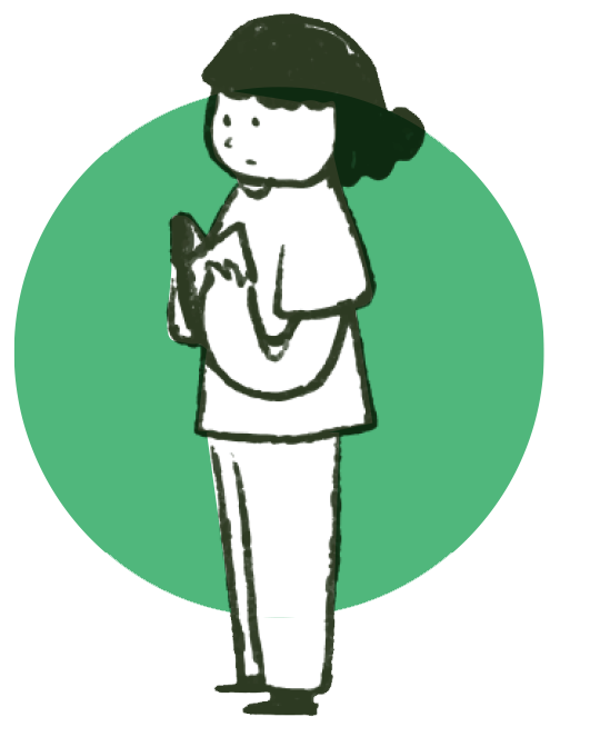 A black and white illustration of a girl with short hair, wearing a hat and casual clothes, holding a book against a green background.