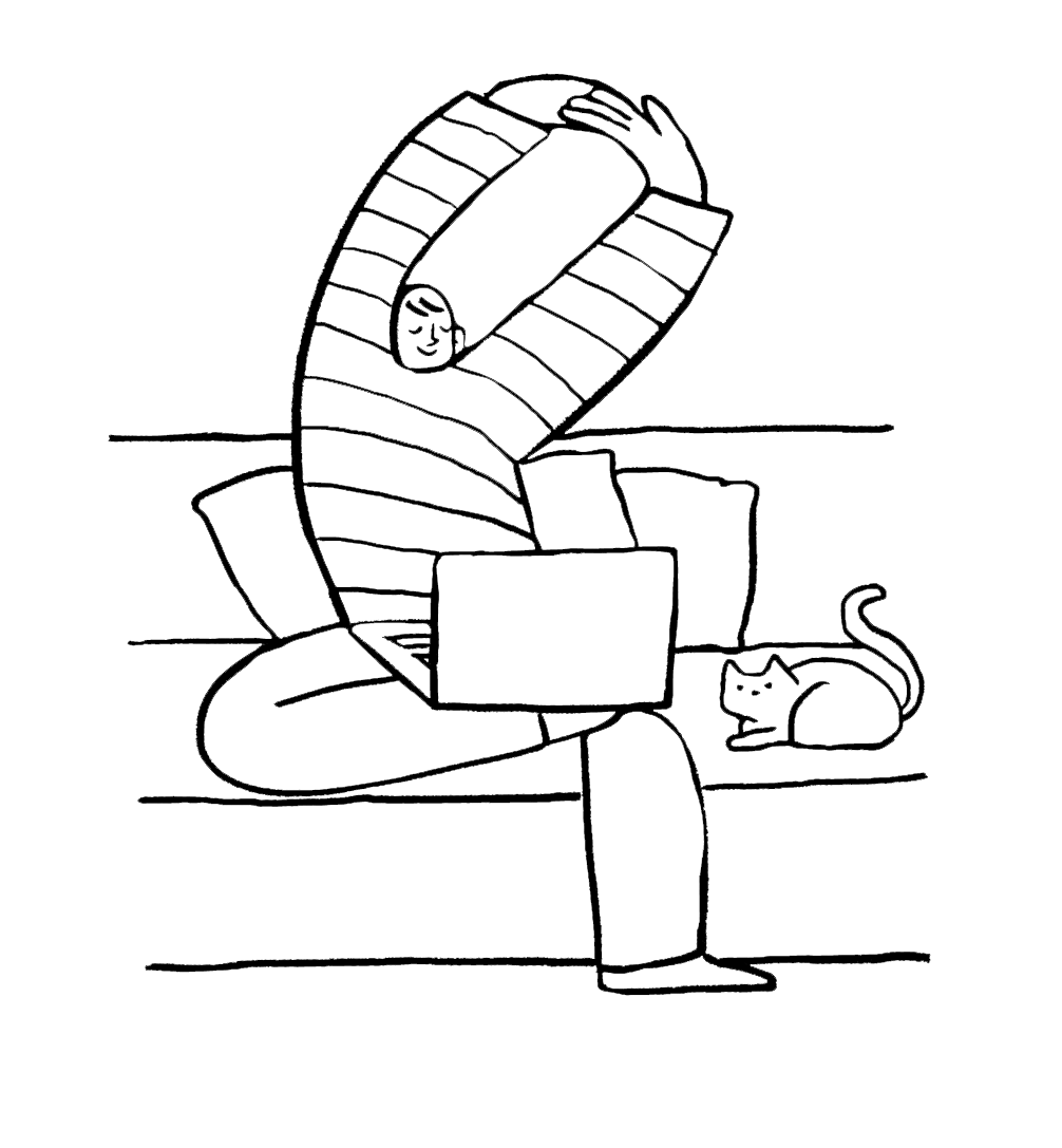Outline drawing of a person sitting at a desk with a laptop, watching a monitor, and a cat lying nearby.