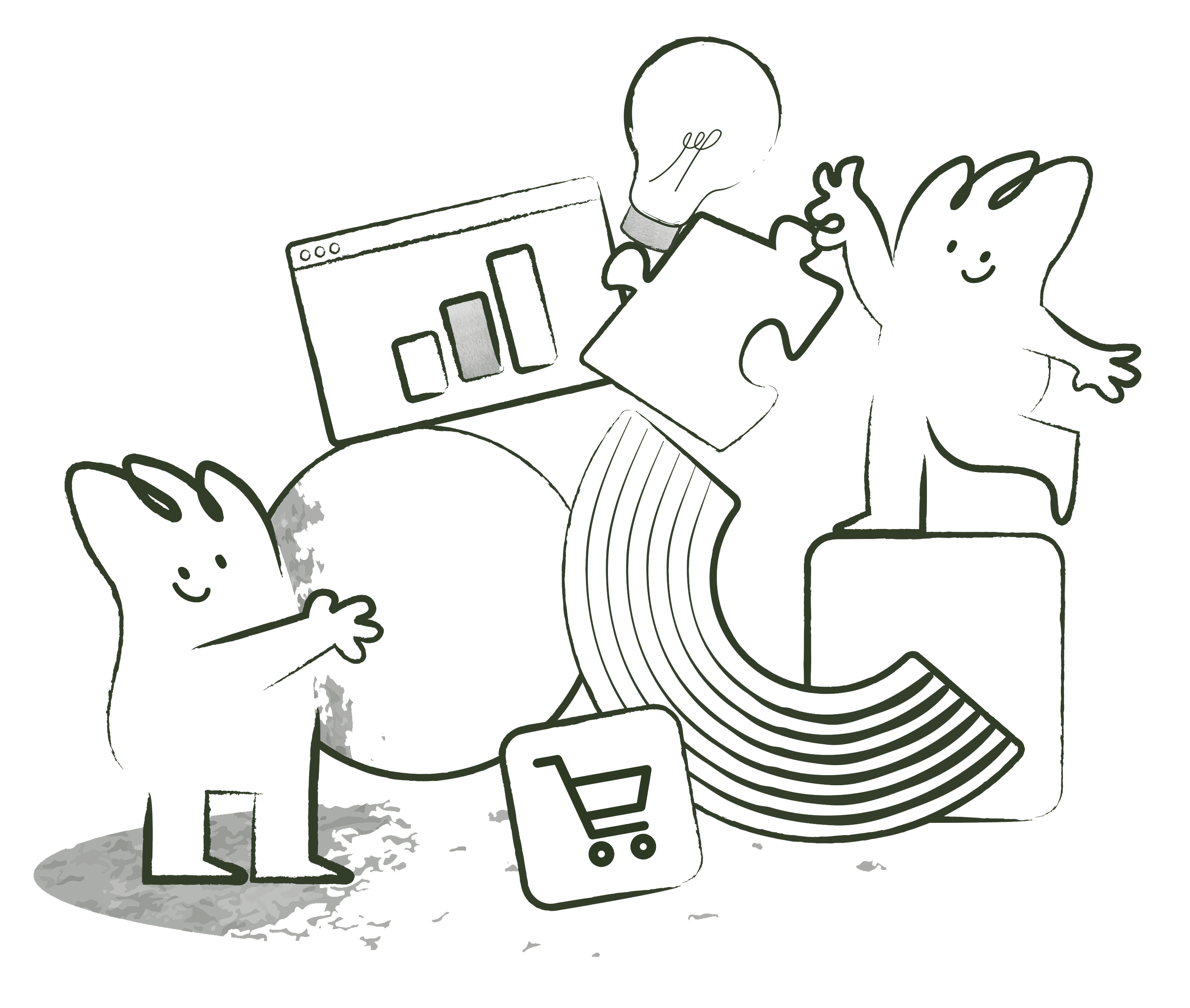 Cartoon illustration of a person with a white head and gray stick body sitting at a desk with a computer monitor, holding a puzzle piece, and a small dog with a coin in its mouth standing nearby with a shopping cart.