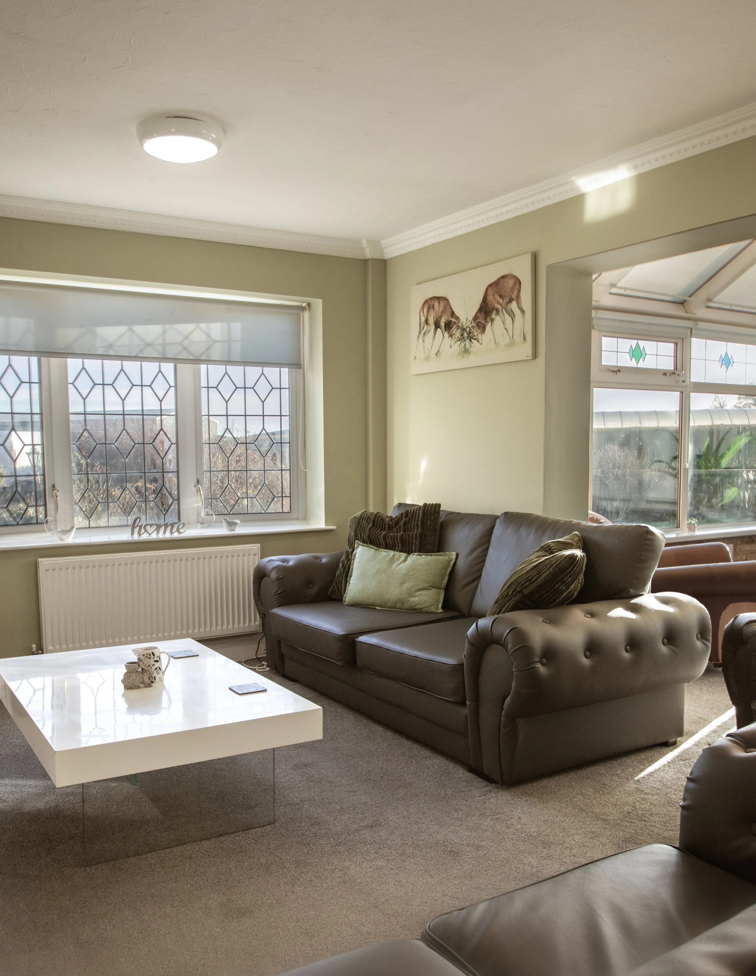 Living room with a large window, gray sofa with pillows, a white coffee table, and a painting of two deer on the wall.