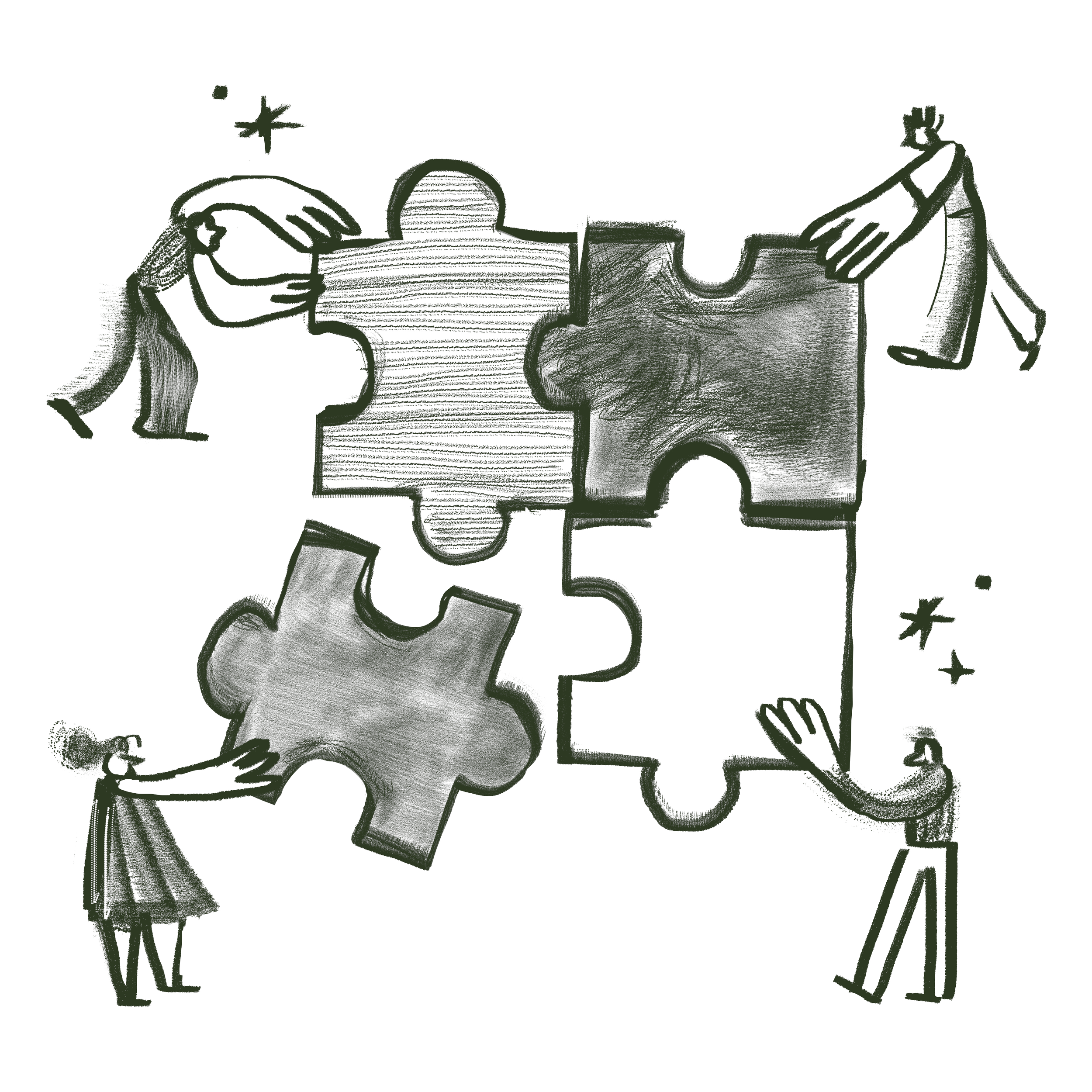 Sketch of two children and an adult assembling a puzzle together at a table.